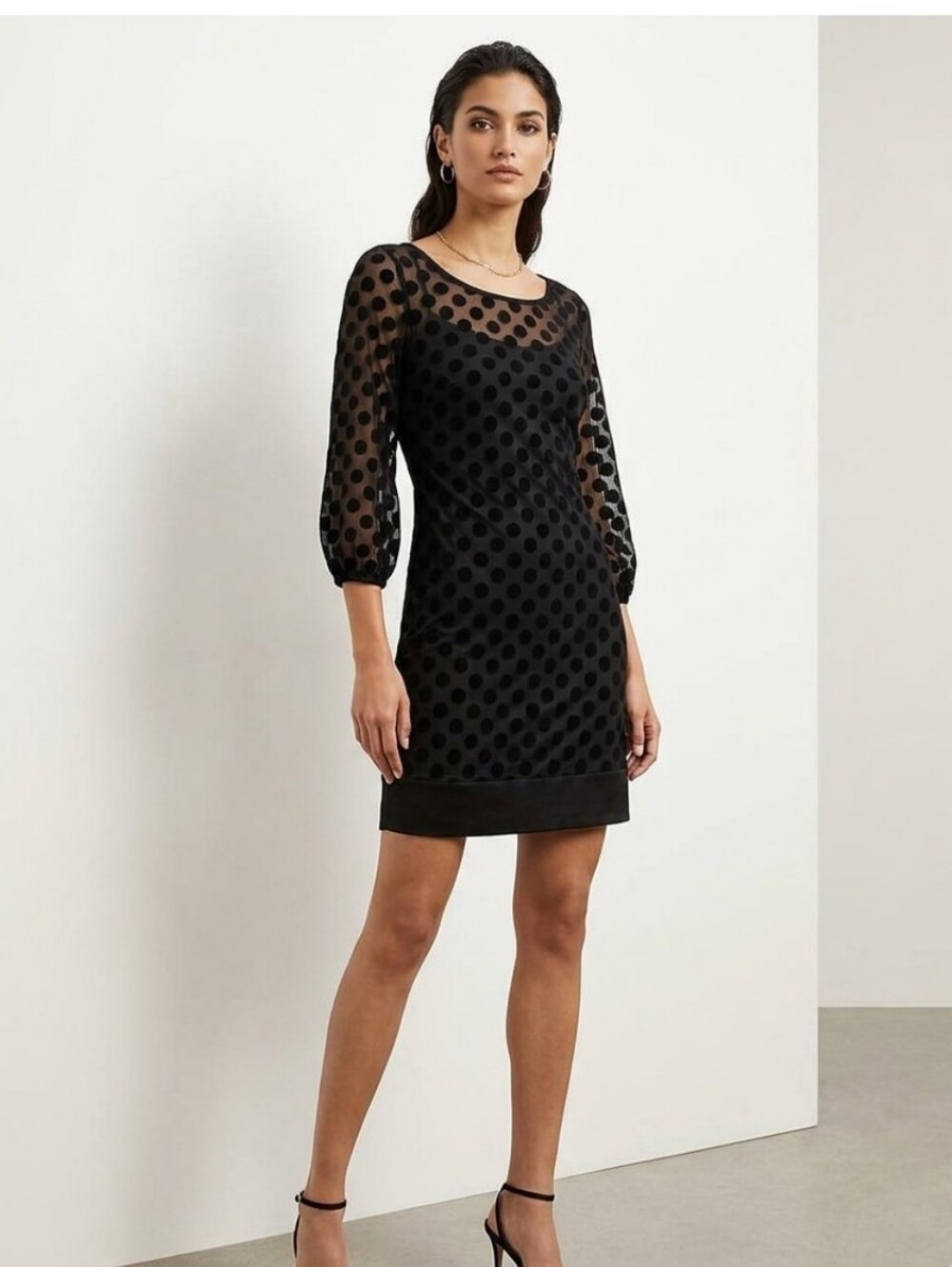 Y2K Dressbarn Black Flocked Polka Dot Mesh Dress Sz 8 Whimsigoth Flaws